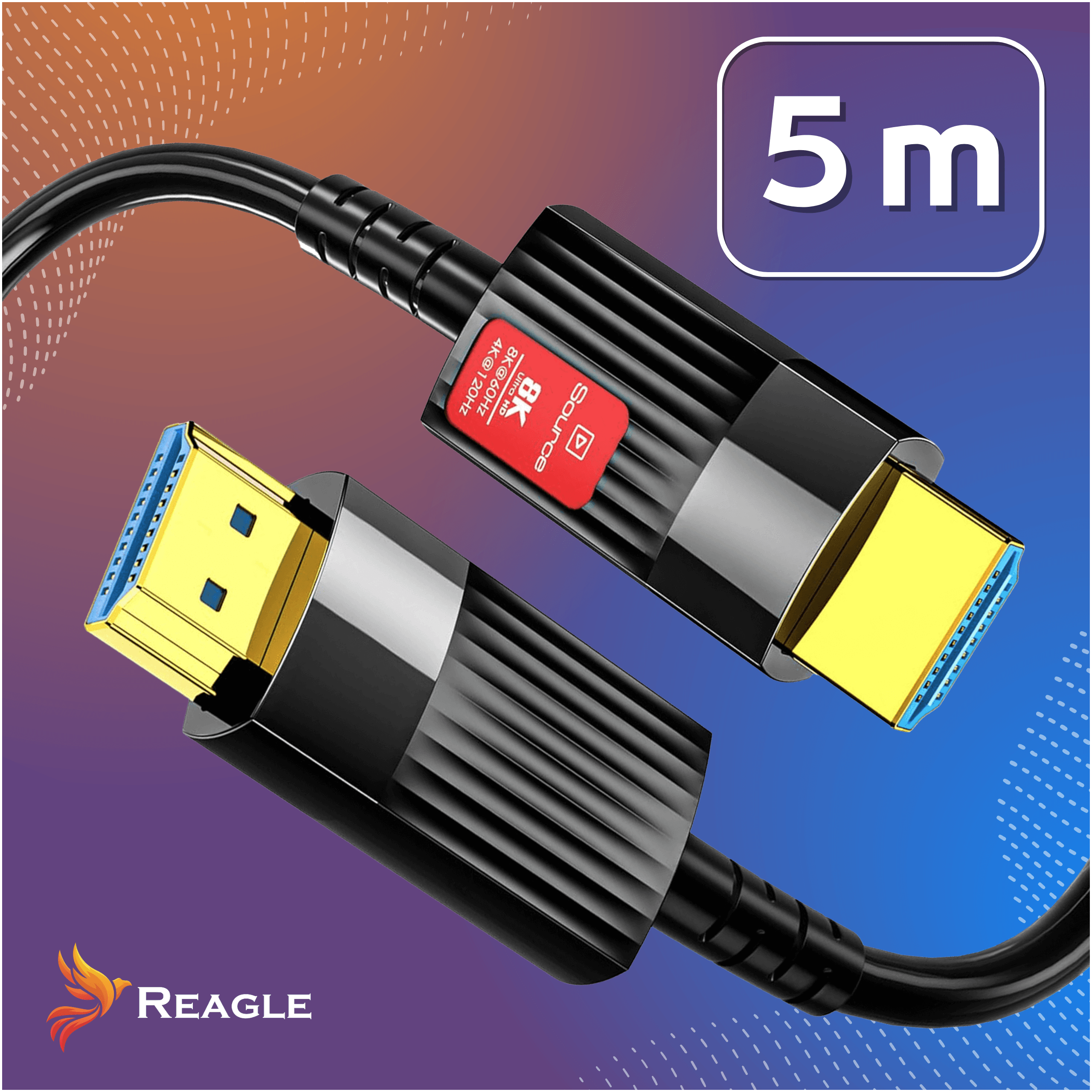Zwei schwarze HDMI-Kabel mit goldenen Steckern und rotem 8K-Logo auf blau-orangem Hintergrund mit der Inschrift 5m.