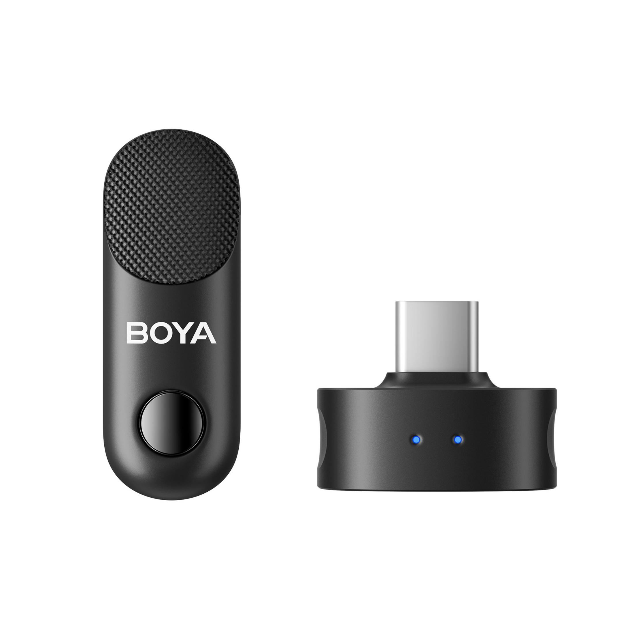 Micrófono y receptor Boya negro con conector USB-C.