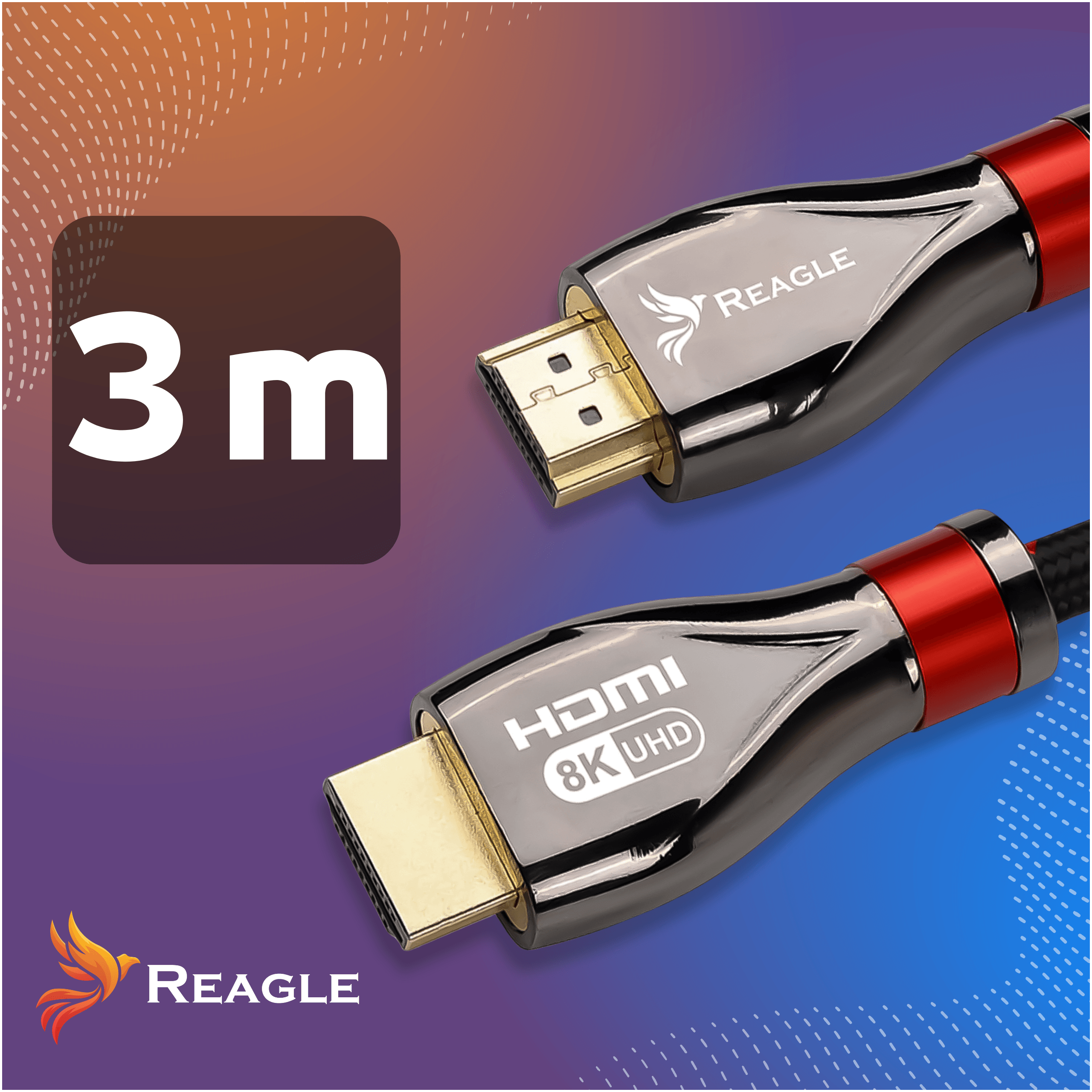 Dos conectores Reagle HDMI 8K UHD chapados en oro sobre fondo naranja y azul con icono de 3m.
