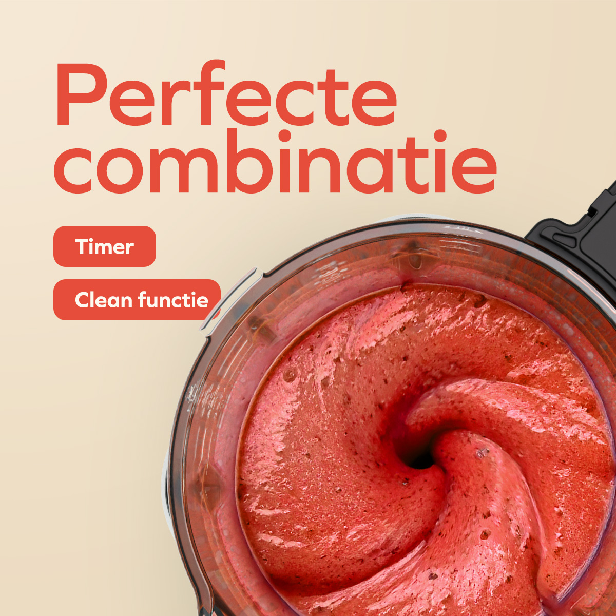 Top-Ansicht eines Mixers mit rotem Smoothie, Text "Perfecte combinatie", Timer und Clean-Funktion Buttons.