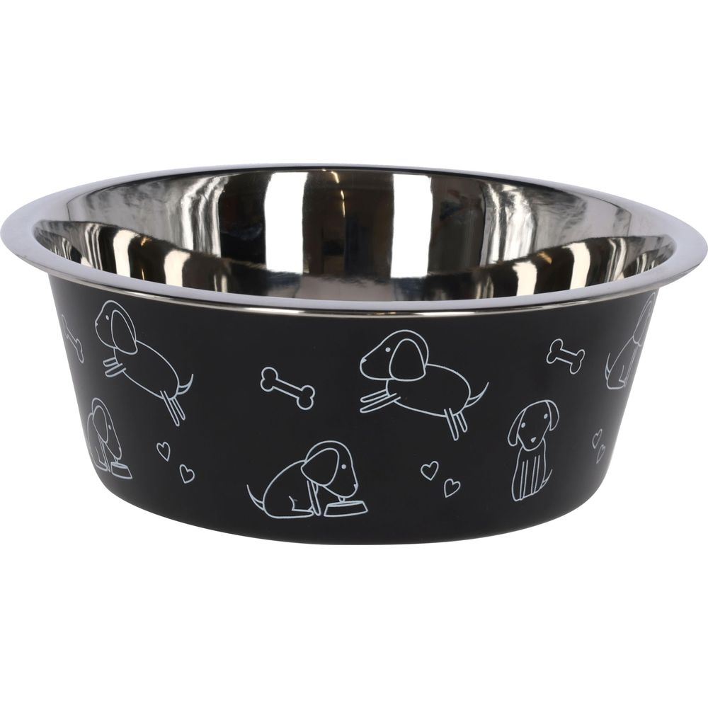Eine schwarze Hundenapf aus Metall mit weißen Hunde- und Knochenmustern.