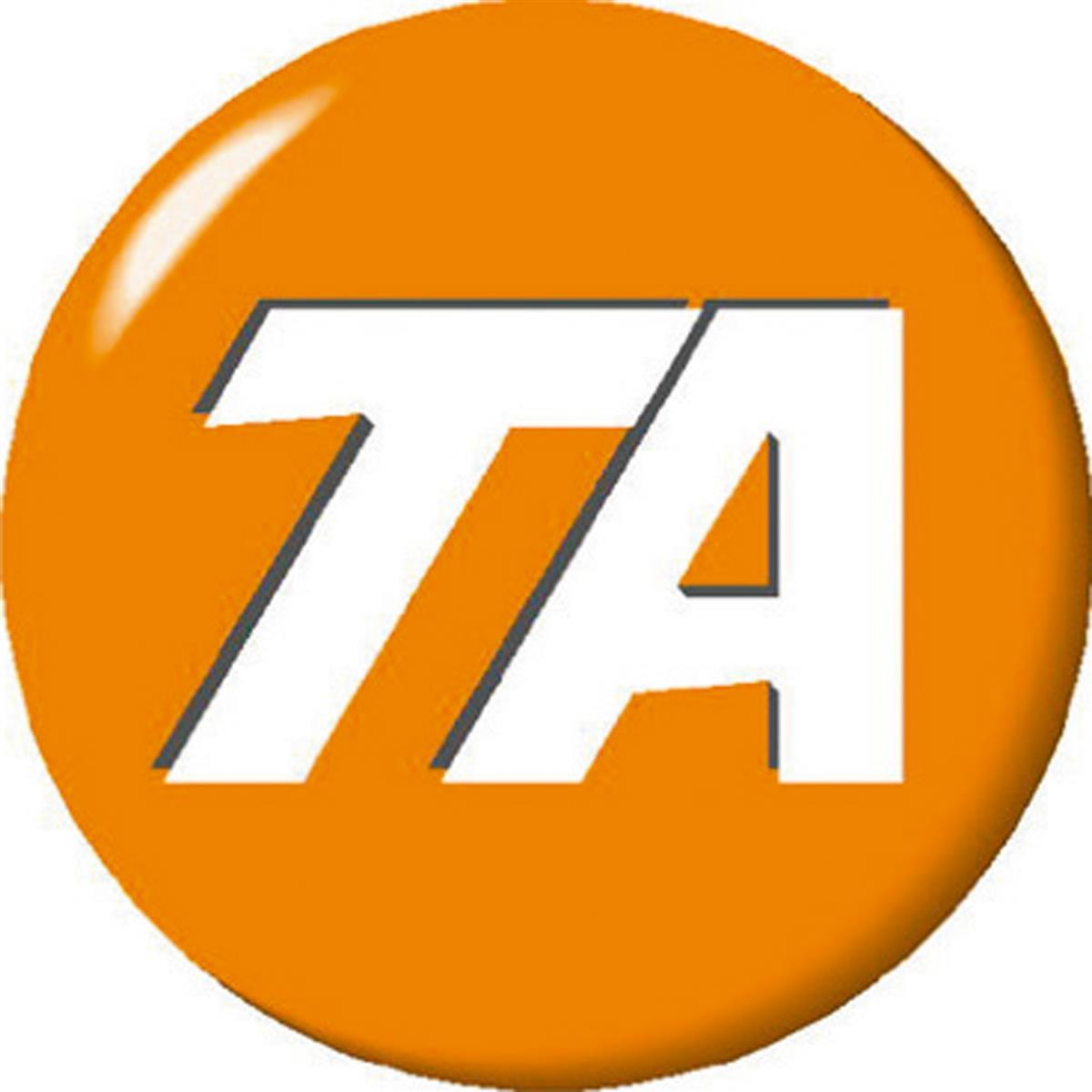 Glänzender, oranger Kreis mit den weißen, fettgedruckten Buchstaben TA im Zentrum.