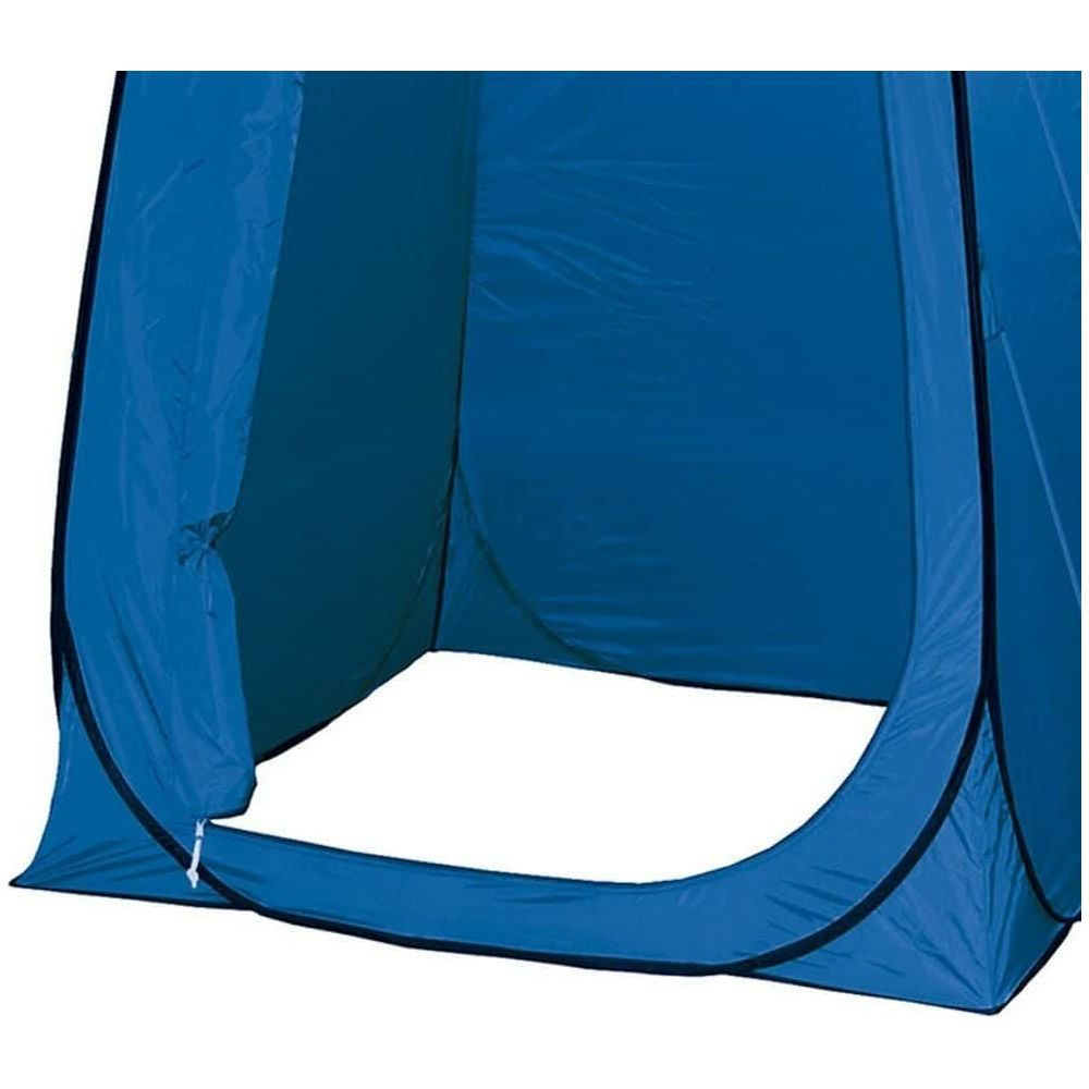 Ein blaues Pop-up-Zelt von innen mit offenem Eingang und Wänden.