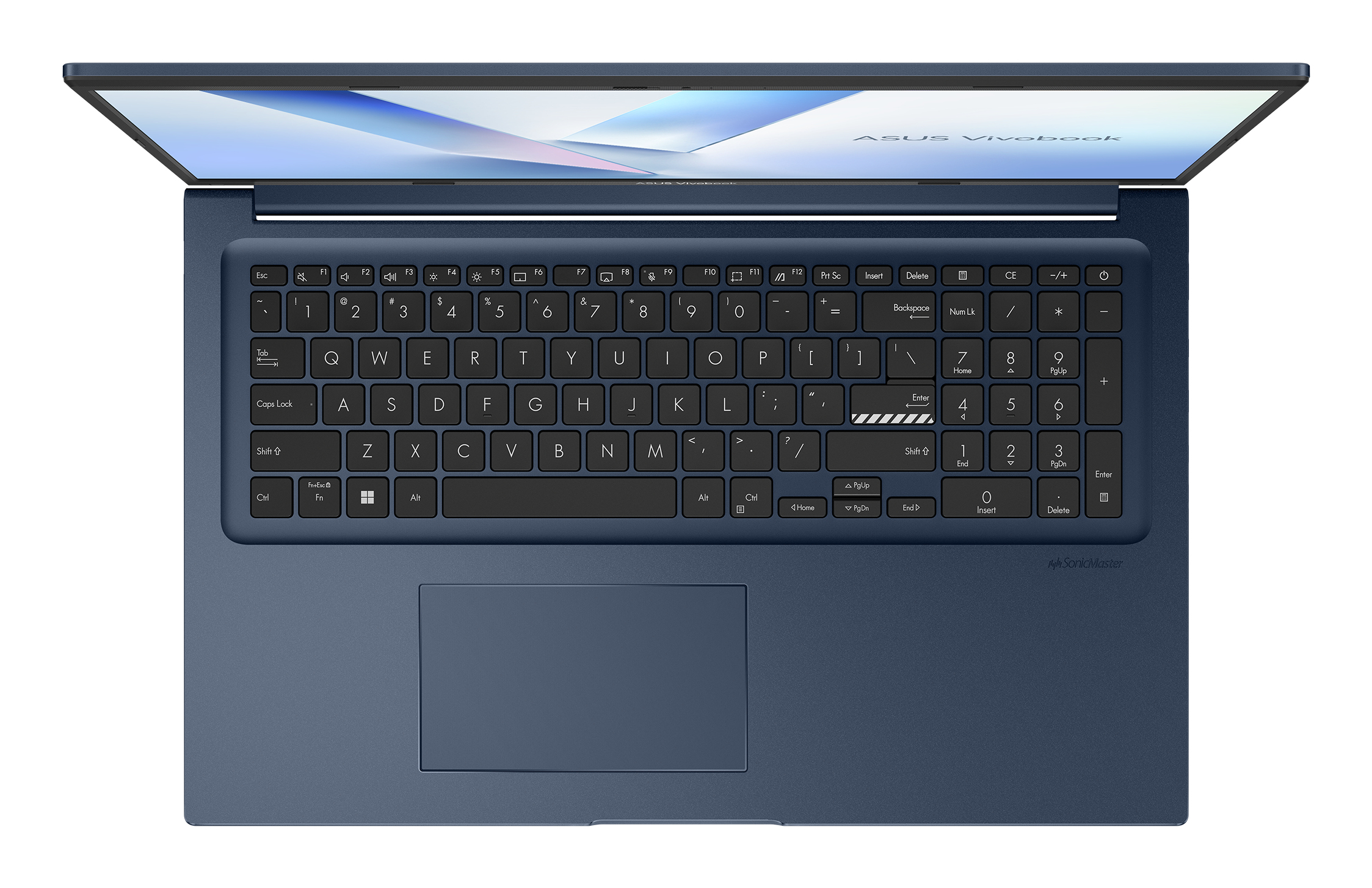 Draufsicht eines blauen ASUS Vivobook Laptops mit Tastatur, Touchpad und offenem Bildschirm.