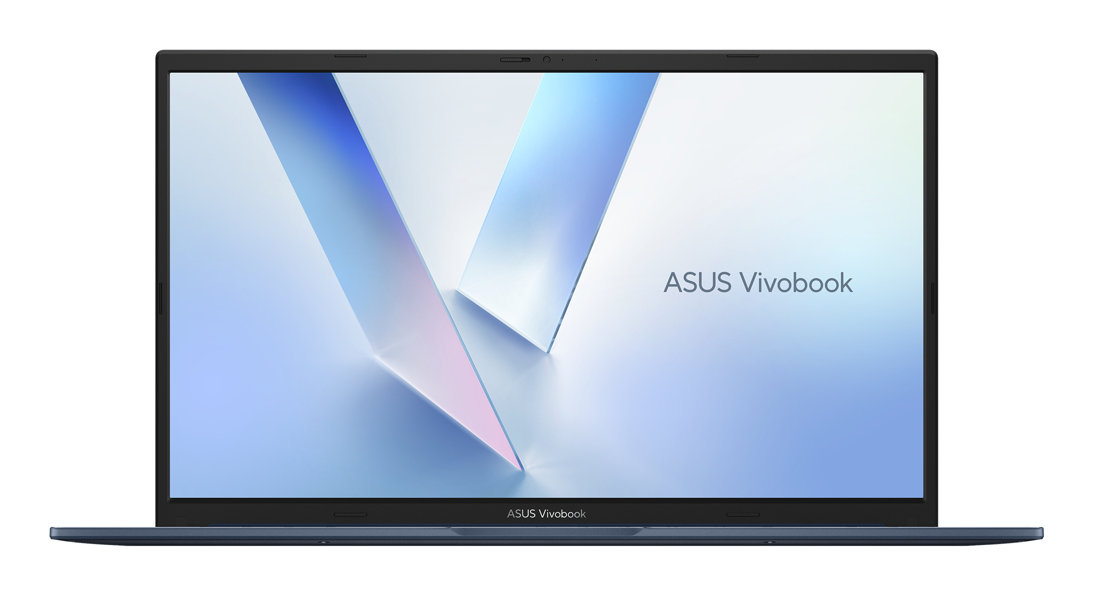 Ein blauer Asus Vivobook Laptop mit einem abstrakten hellblauen Hintergrund auf dem Bildschirm.