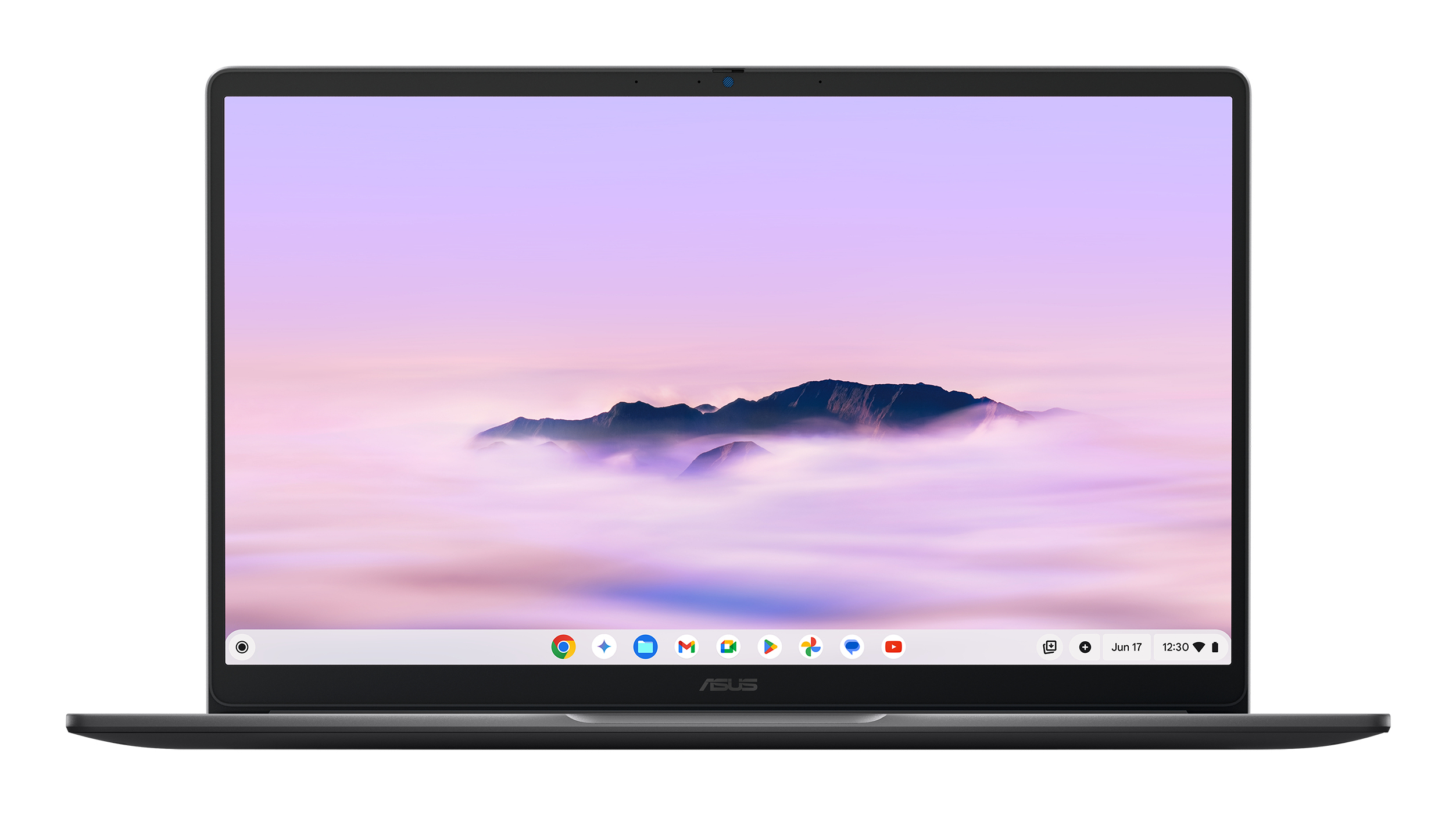 Ein offener ASUS Laptop zeigt ein Bildschirmhintergrundbild mit Bergen über Wolken.