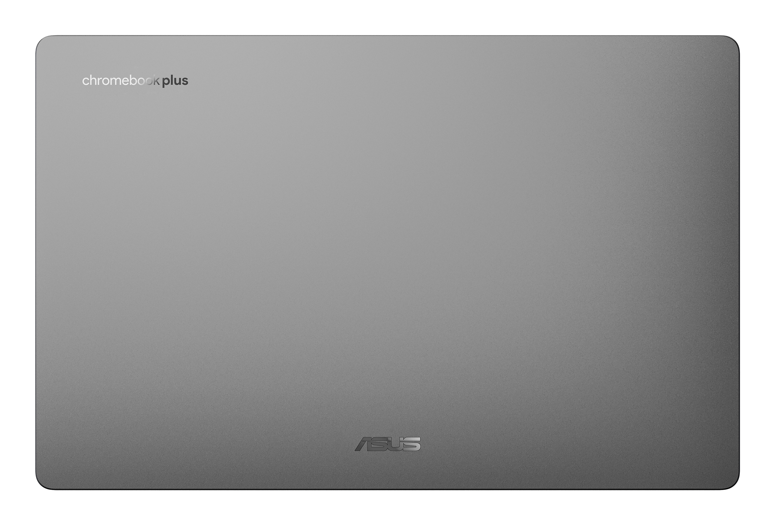 Grauer Asus Chromebook Plus Laptop im geschlossenen Zustand mit Markenlogos.