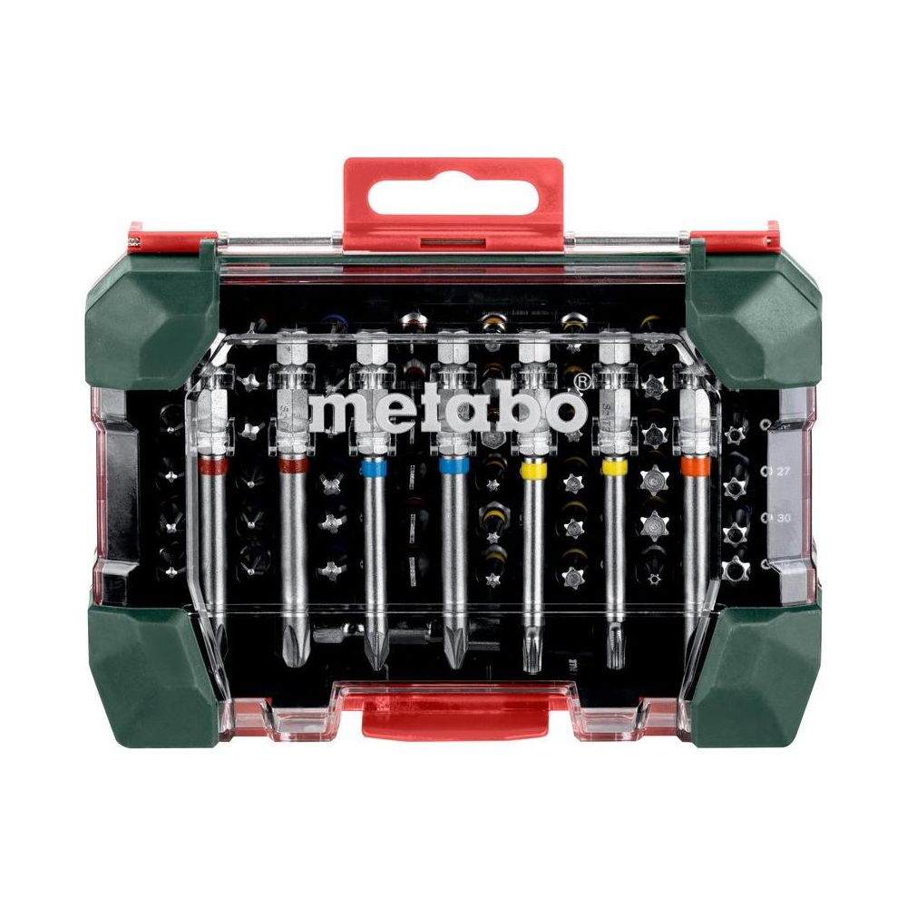 Metabo Werkzeugkasten mit verschiedenen Schraubendreher-Bits und Steckschlüsseln.