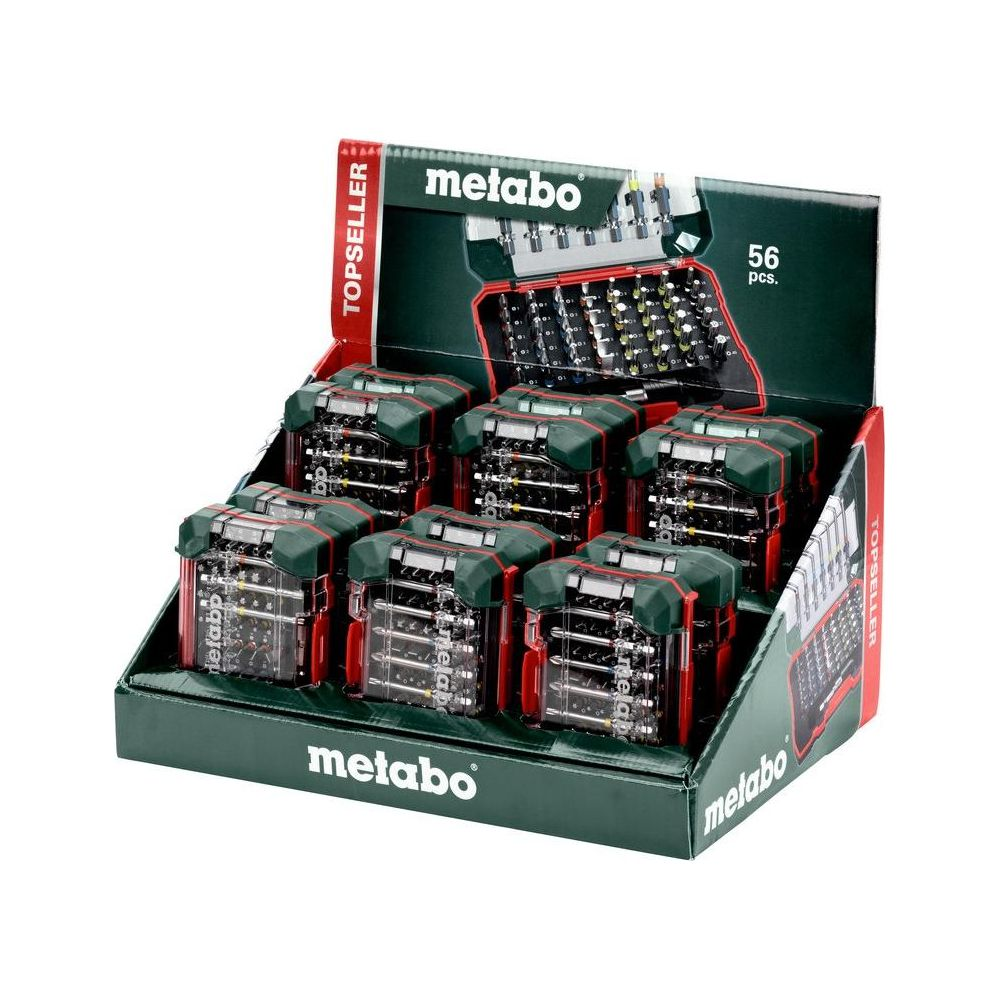 Ein Metabo Display-Karton mit sechs roten und grünen Werkzeugboxen mit Bits.