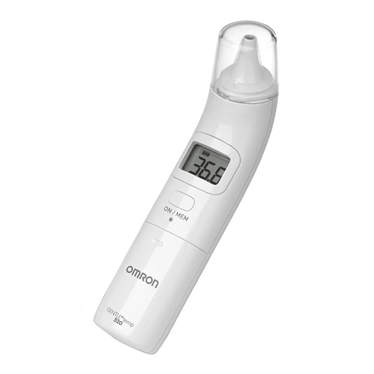 Ein weißes Omron Ohrthermometer mit digitalem Display und transparenter Schutzkappe.