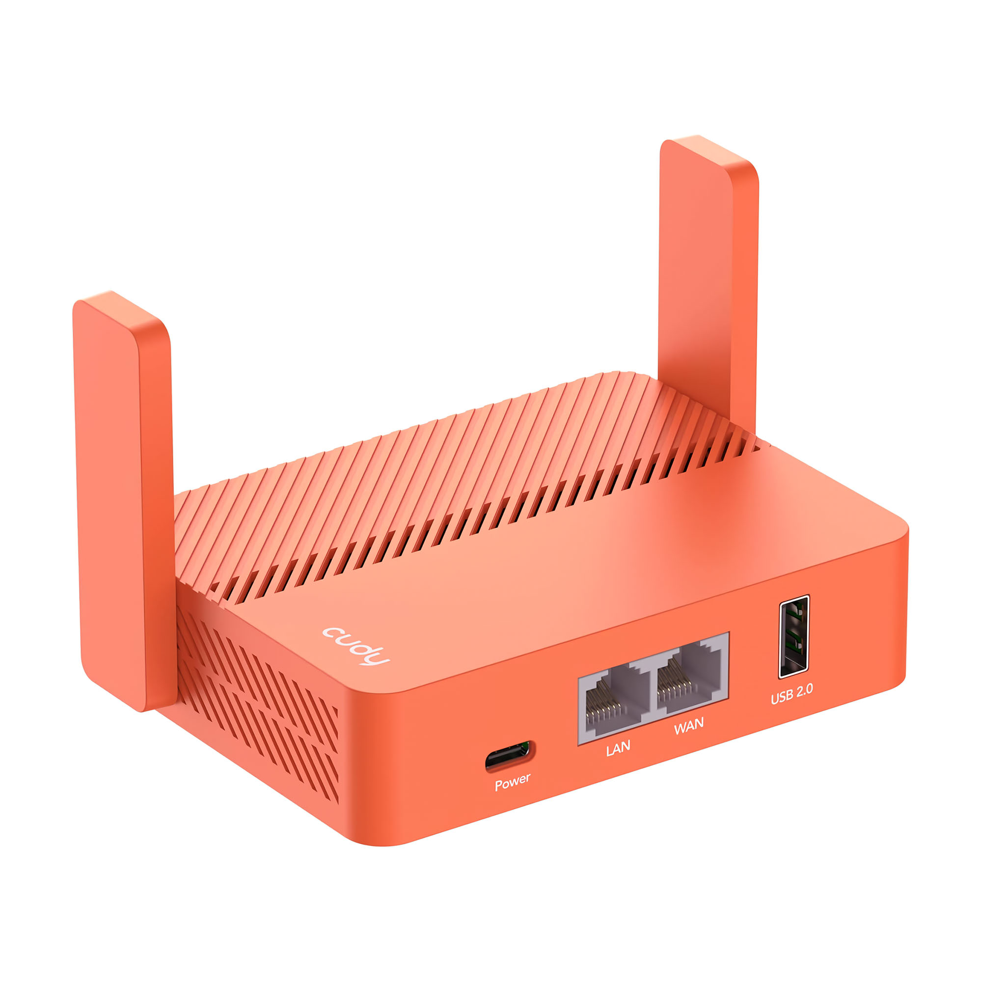 İki antenli, havalandırma delikli, güç, LAN, WAN ve USB bağlantı noktalarına sahip turuncu Cudy yönlendirici.