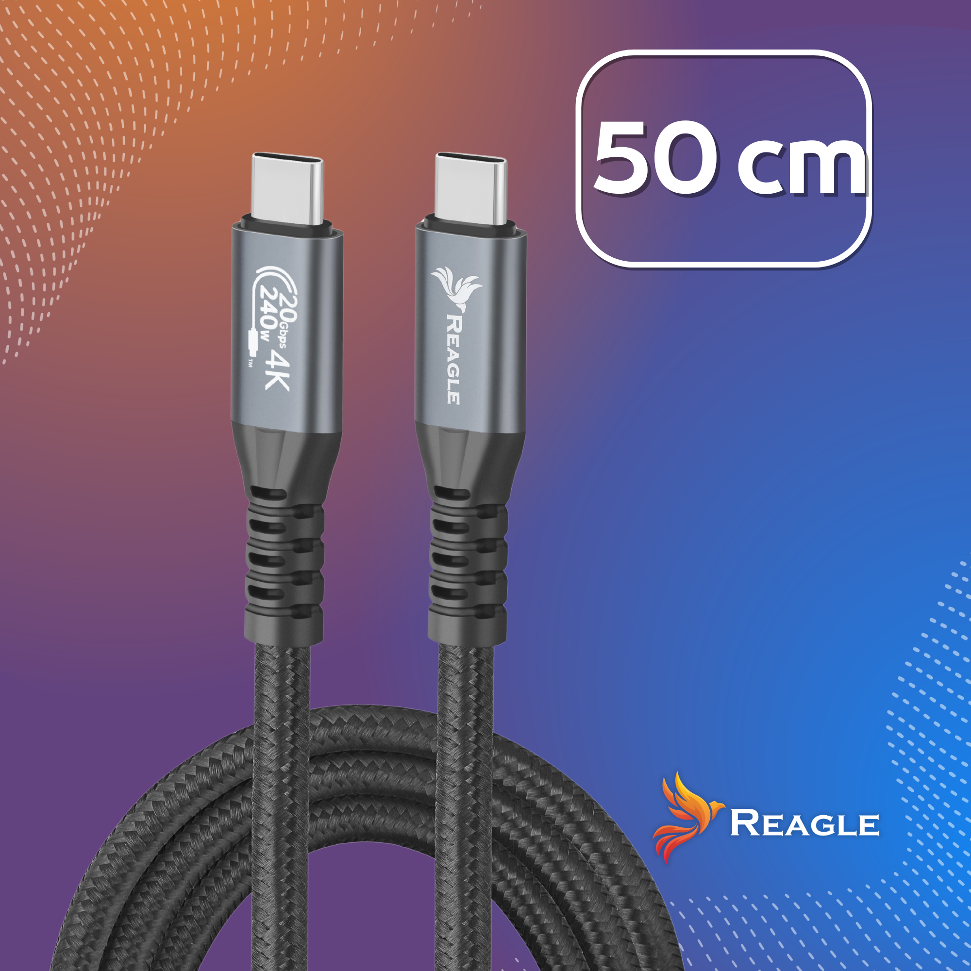 Dos cables USB-C trenzados negros con conectores de metal gris sobre fondo morado y azul, 50 cm.