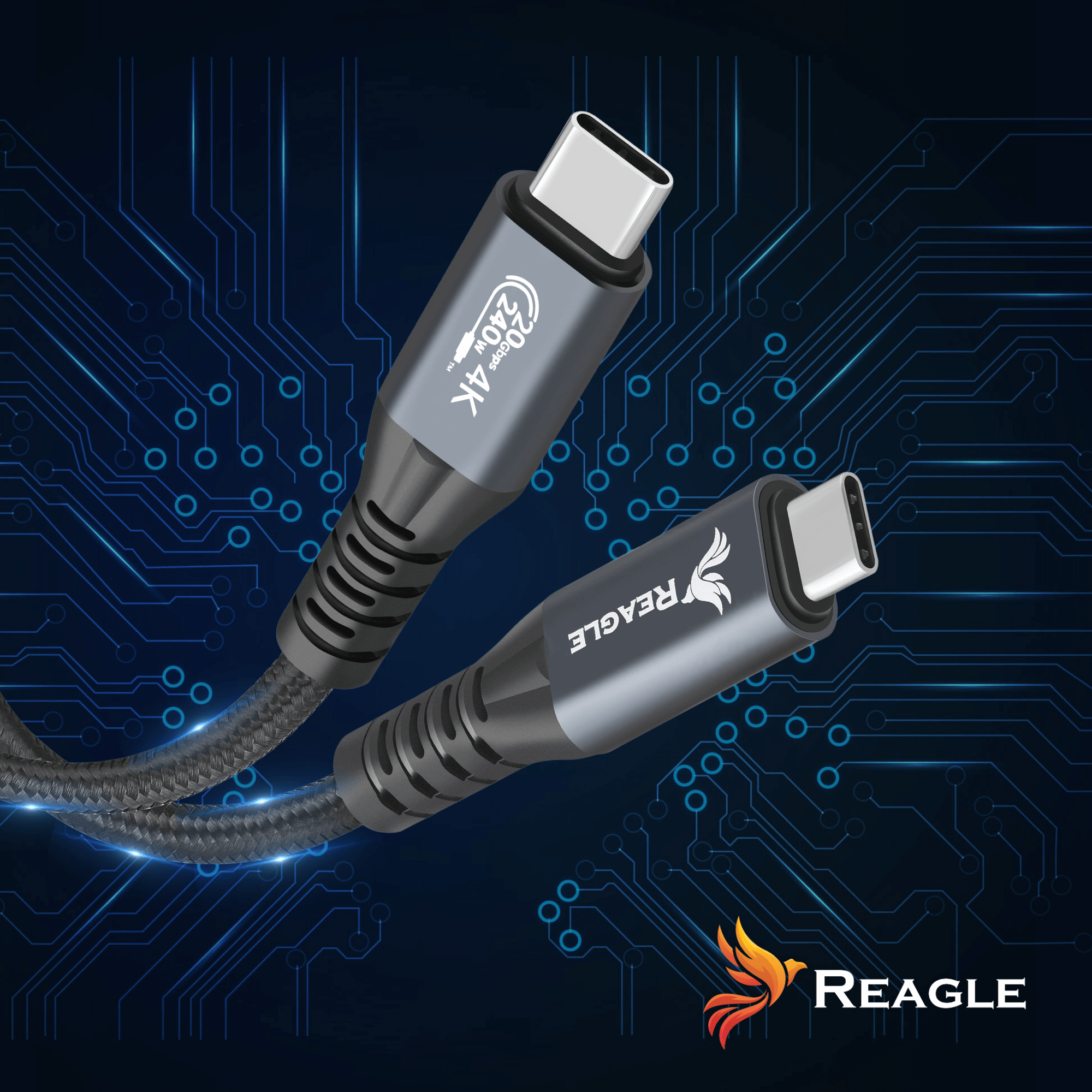 Dos cables USB-C Reagle con cordones trenzados sobre un fondo de placa de circuito azul brillante.