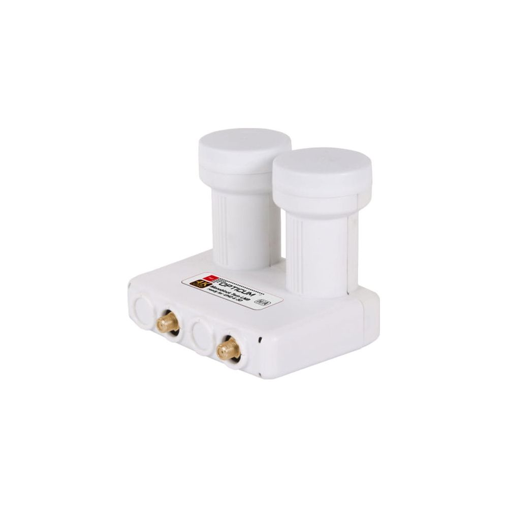 Ein weißer Monoblock-Twin-LNB mit zwei Feedhorns und goldenen Anschlüssen auf einem weißen Hintergrund.
