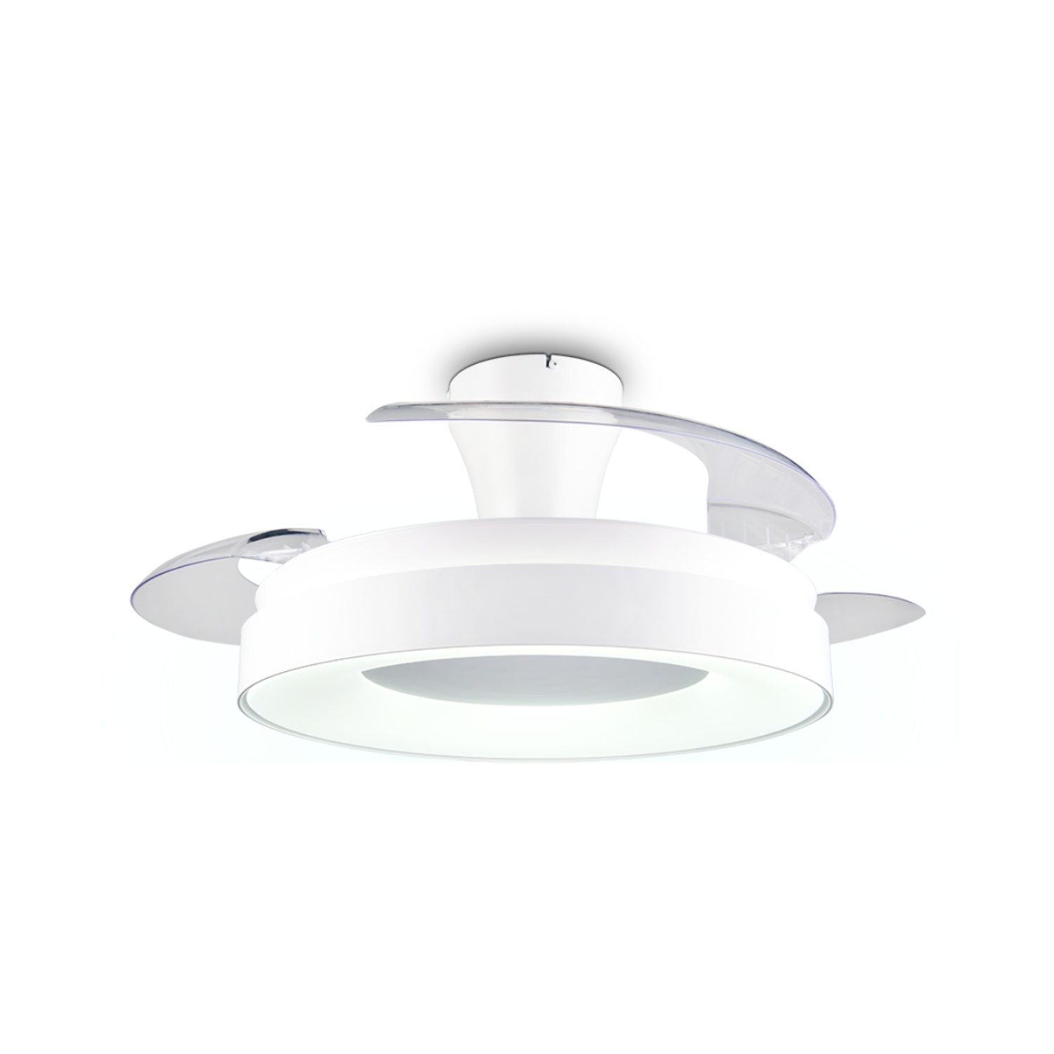 Moderne weiße Deckenventilatorlampe mit klaren ausklappbaren Flügeln und integrierter Beleuchtung.