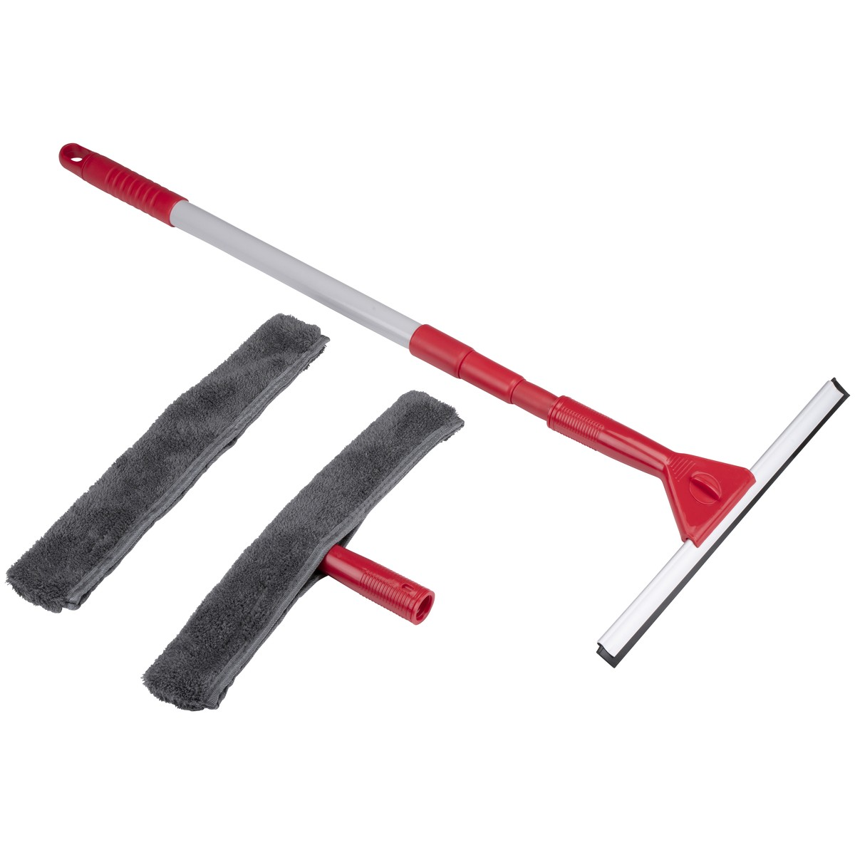 Een rode en grijze raamwisser met uitschuifbare steel en twee grijze microvezel hoezen.