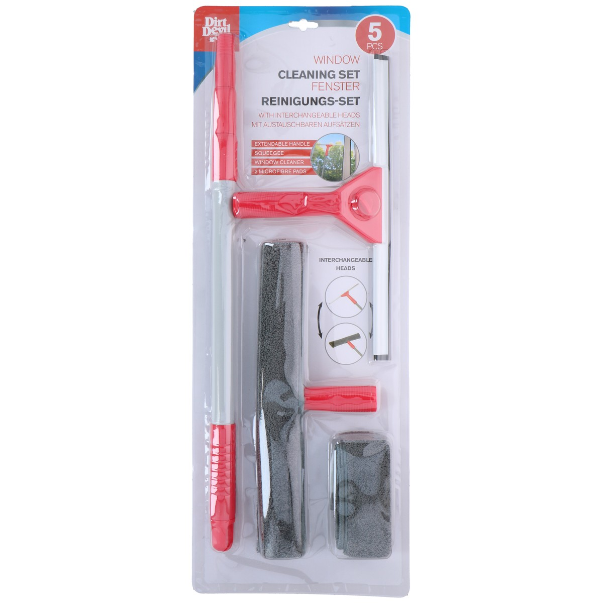 Een Dirt Devil raamwisser set in originele verpakking met uitschuifbare steel, wisser en microvezeldoeken.