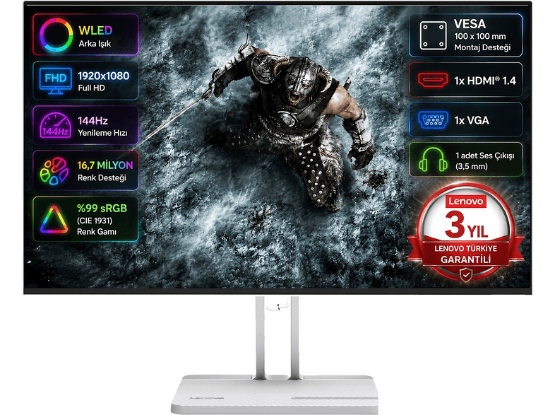LENOVO 67E3KAC6TK L24-45 MPRT 144Hz HDMI VGA AMD FreeSync IPS Panel 23,8 inç Full-HD 1 ms Gaming Monitör Gri