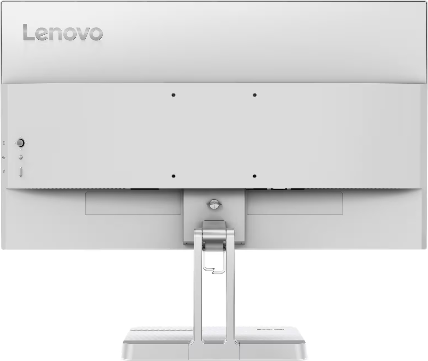 Standı, VESA delikleri ve kontrol düğmeleri görünen beyaz bir Lenovo bilgisayar monitörünün arkadan görünümü.