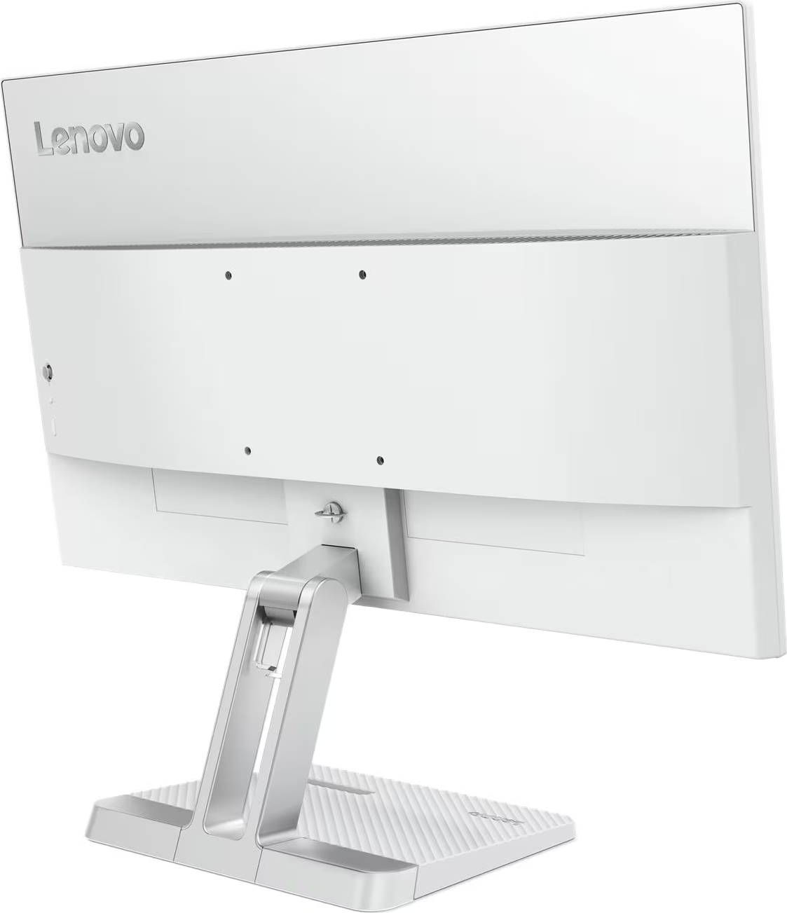 Beyaz arka plan üzerinde gümüş renkli standıyla beyaz bir Lenovo monitörün arka görünümü.