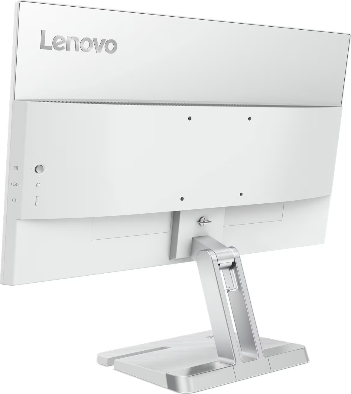 Açık arka planda gümüş ayaklı beyaz bir Lenovo monitörün arkadan görünümü.