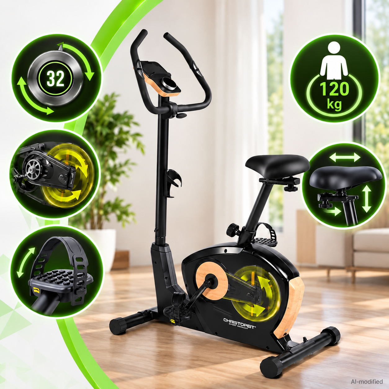 Ein schwarzes Heimtrainer-Fahrrad mit Holzakzenten in einem Raum, umgeben von kreisenden Detailgrafiken.