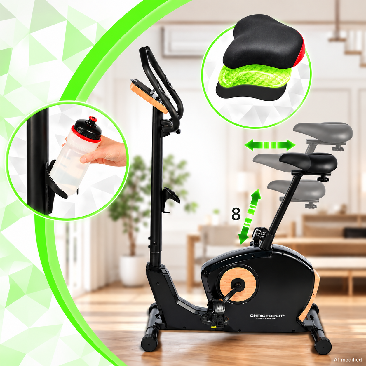 Ein schwarzes Heimtrainer-Fahrrad mit verstellbarem Sitz, Flaschenhalter und Gel-Sitzkissen-Details.