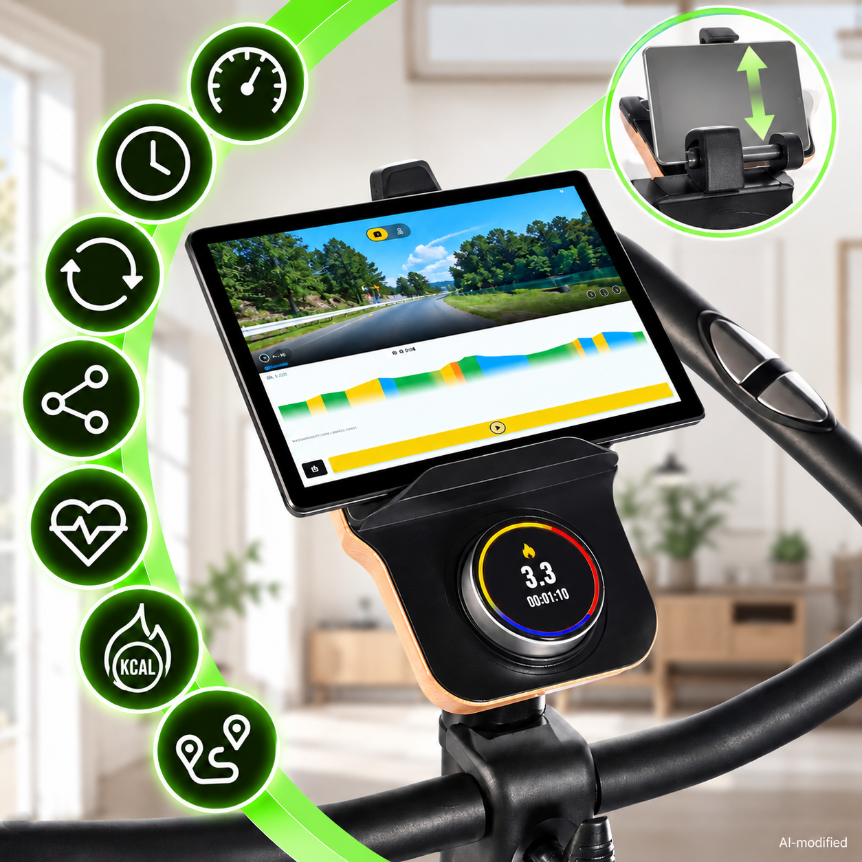 Heimtrainer-Konsole mit Tablet, virtueller Straße, digitalem Drehregler und leuchtenden Fitness-Symbolen.