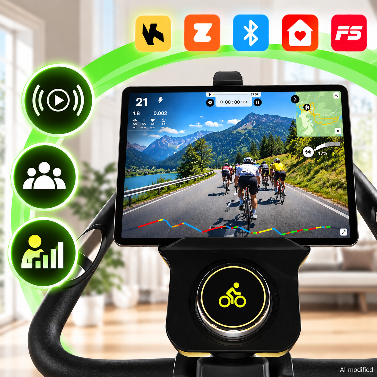 Ein Tablet an einem Heimtrainer zeigt eine virtuelle Radtour mit Bergen und Radfahrern.