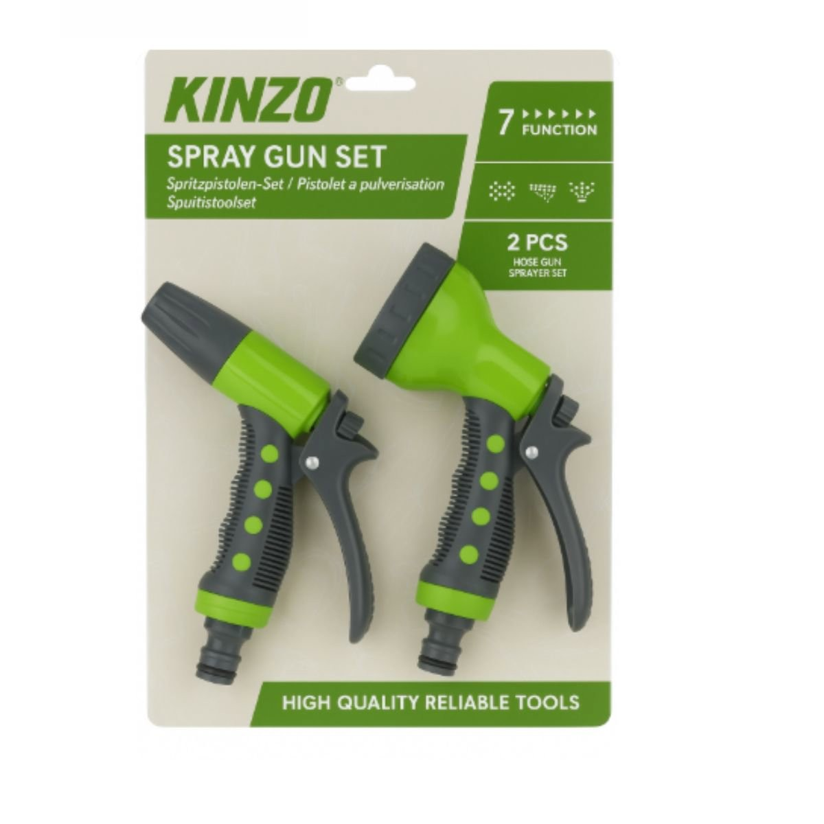 Kinzo 2-delige spuitpistoolset in groen en grijs op kartonnen verpakking.