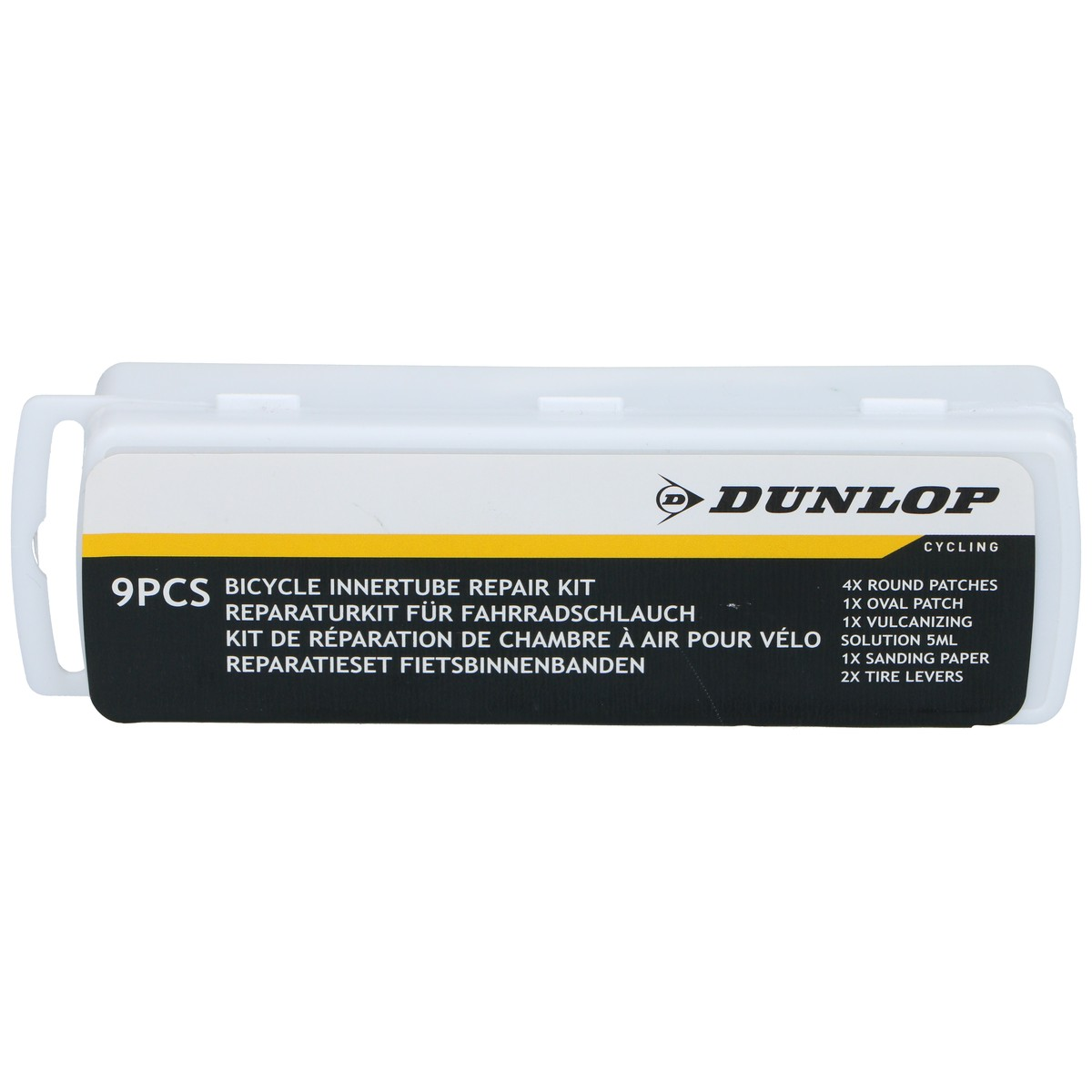 Een witte Dunlop fietsreparatiesetdoos met een zwart etiket met de inhoud in meerdere talen.