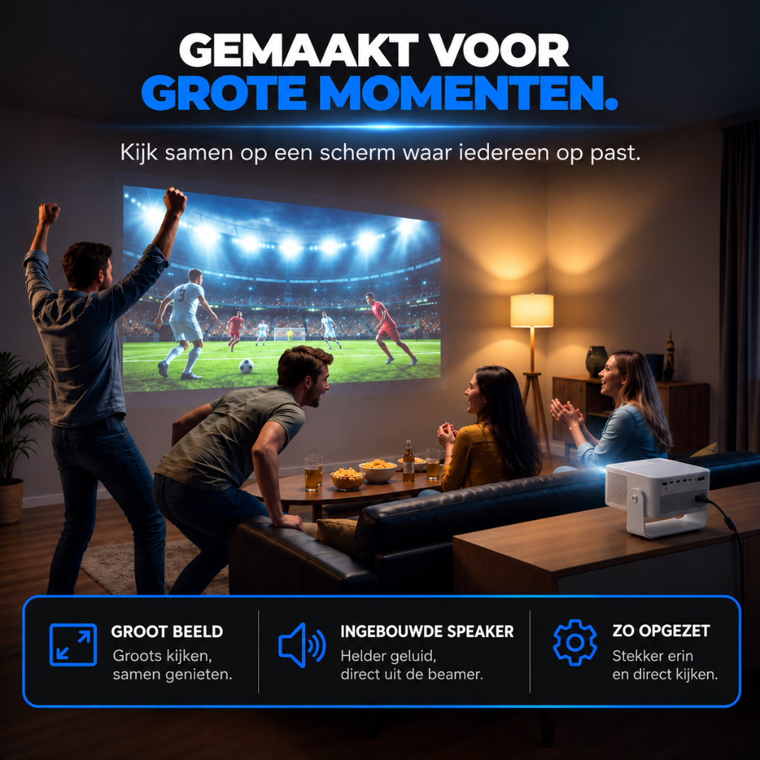 Friends watch football on a large screen projected by a white projector in a living room.