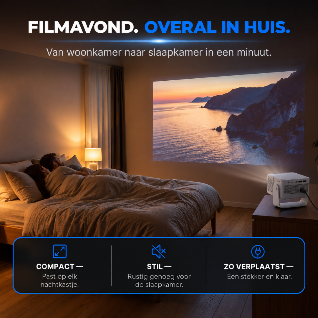 A projector displays a coastal landscape in a bedroom while two people lie in bed.