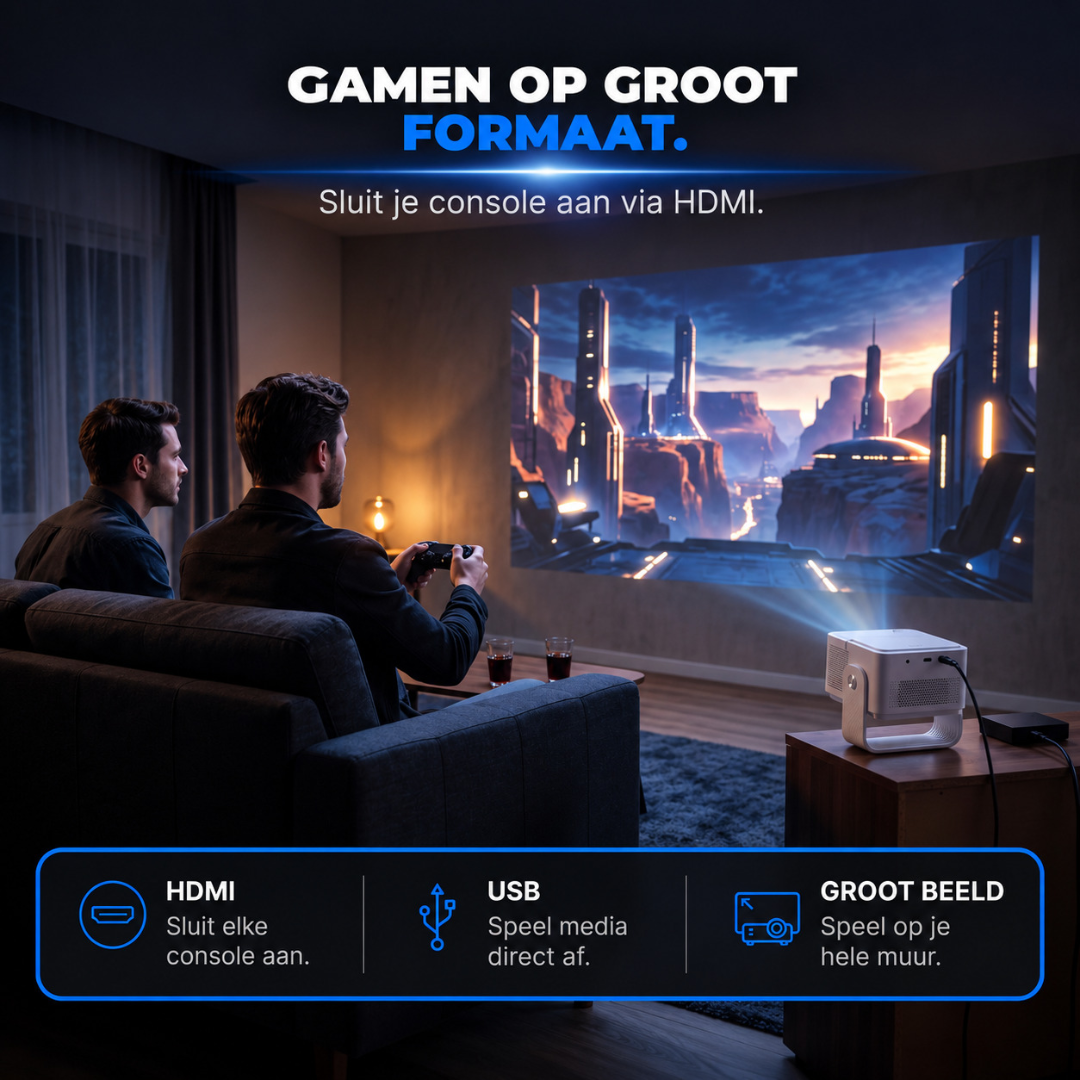 Two men sit on a sofa playing video games on a large screen projected onto the wall.