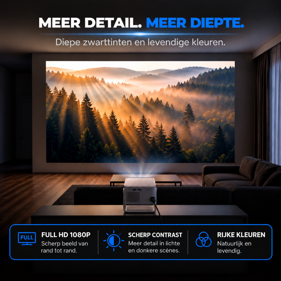 A projector displays a misty mountain forest landscape on a wall in a dark room with a sofa.