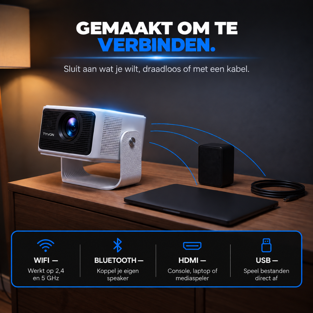 White projector on wooden cabinet with speaker, tablet, and text.