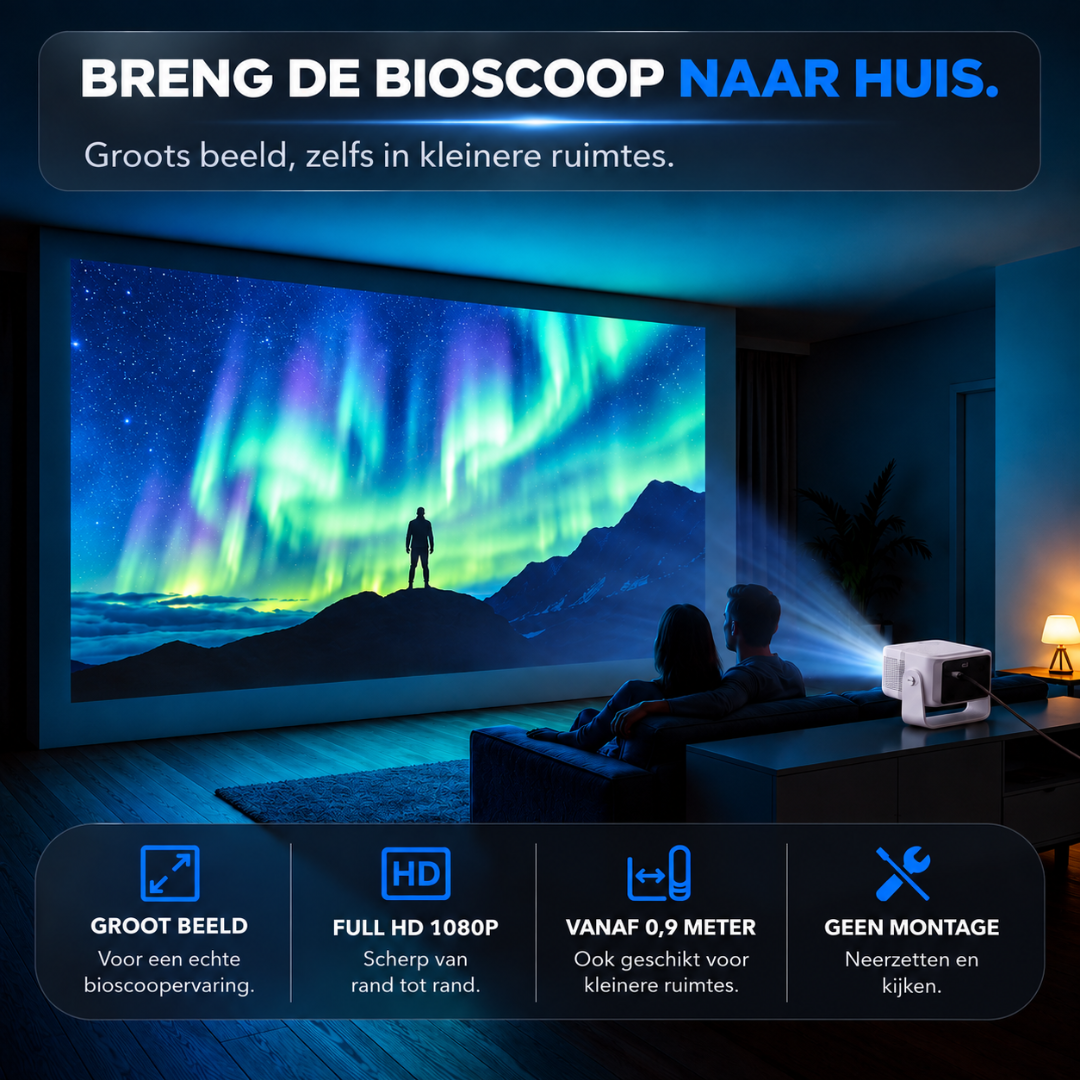 A couple sits on a sofa watching a movie on a large screen projected by a white home projector.