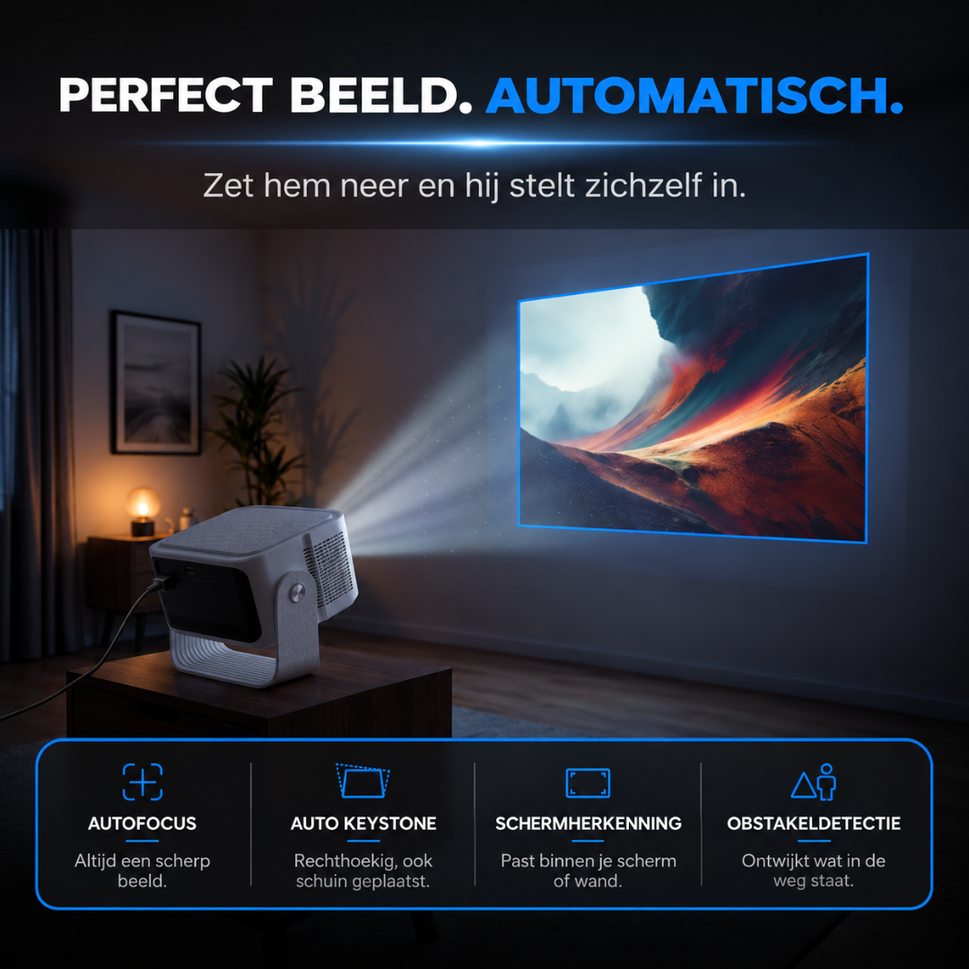 A projector displays an image on a wall, with text above and icons below.