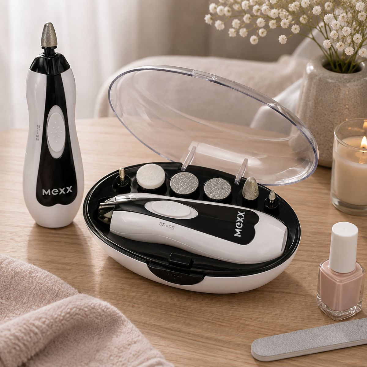 A black and white Mexx manicure set with attachments in a case, with nail polish and a candle on a wooden table.