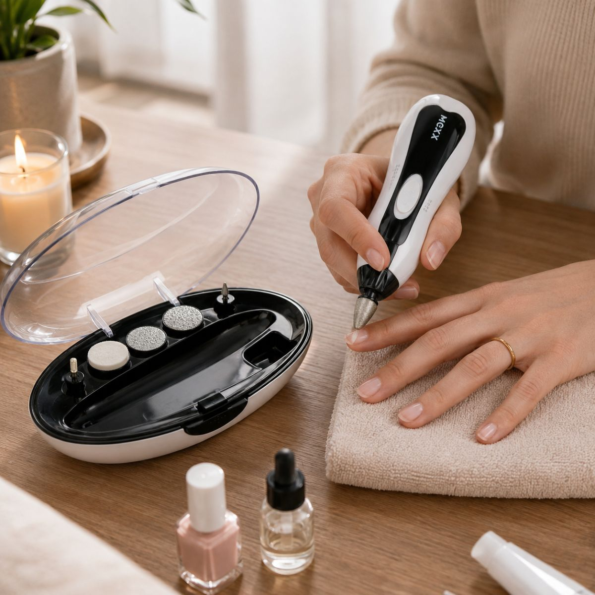 A person uses an electric nail file on their fingernail, with a manicure set, nail polish, and candle nearby.