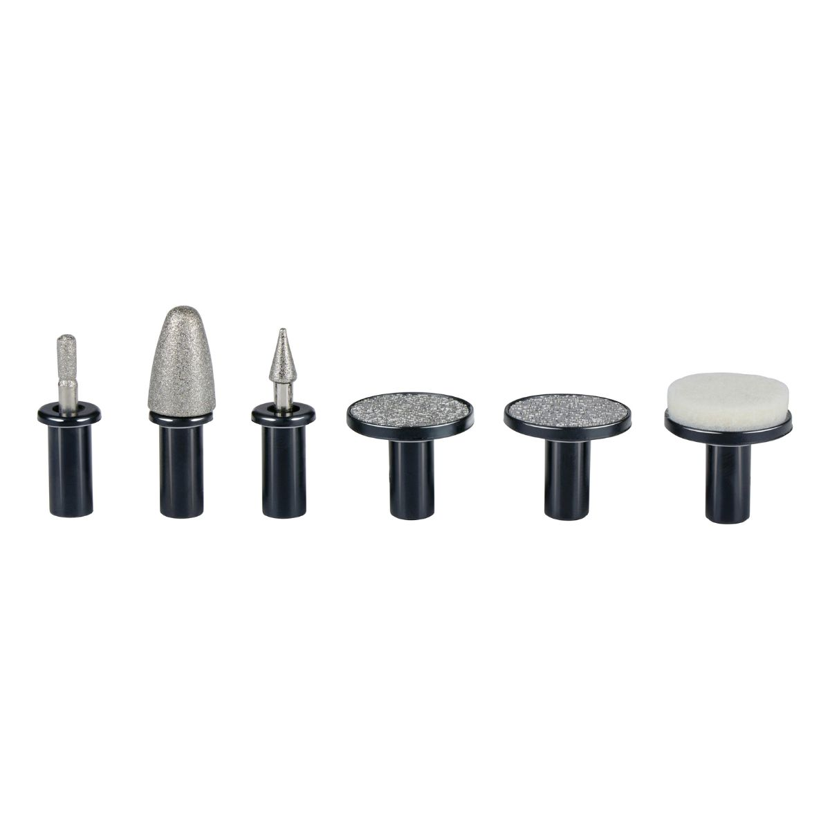 Six different nail drill bits lined up on a white background, including diamond heads and a polishing buffer.