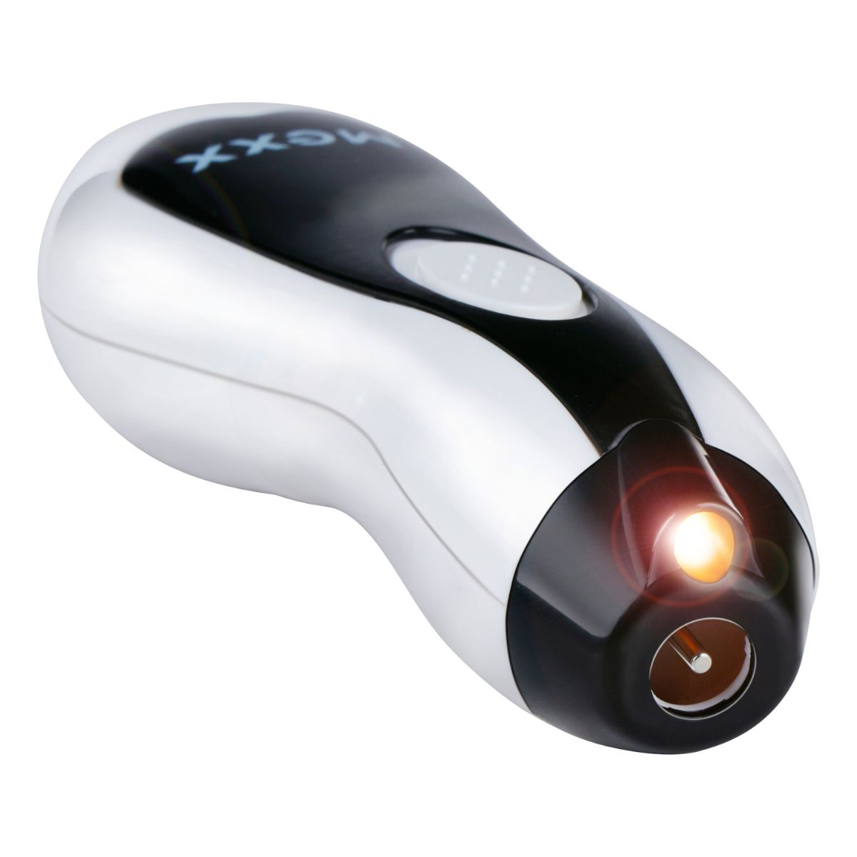 A white and black ergonomic electrical device with a glowing LED light at the tip.