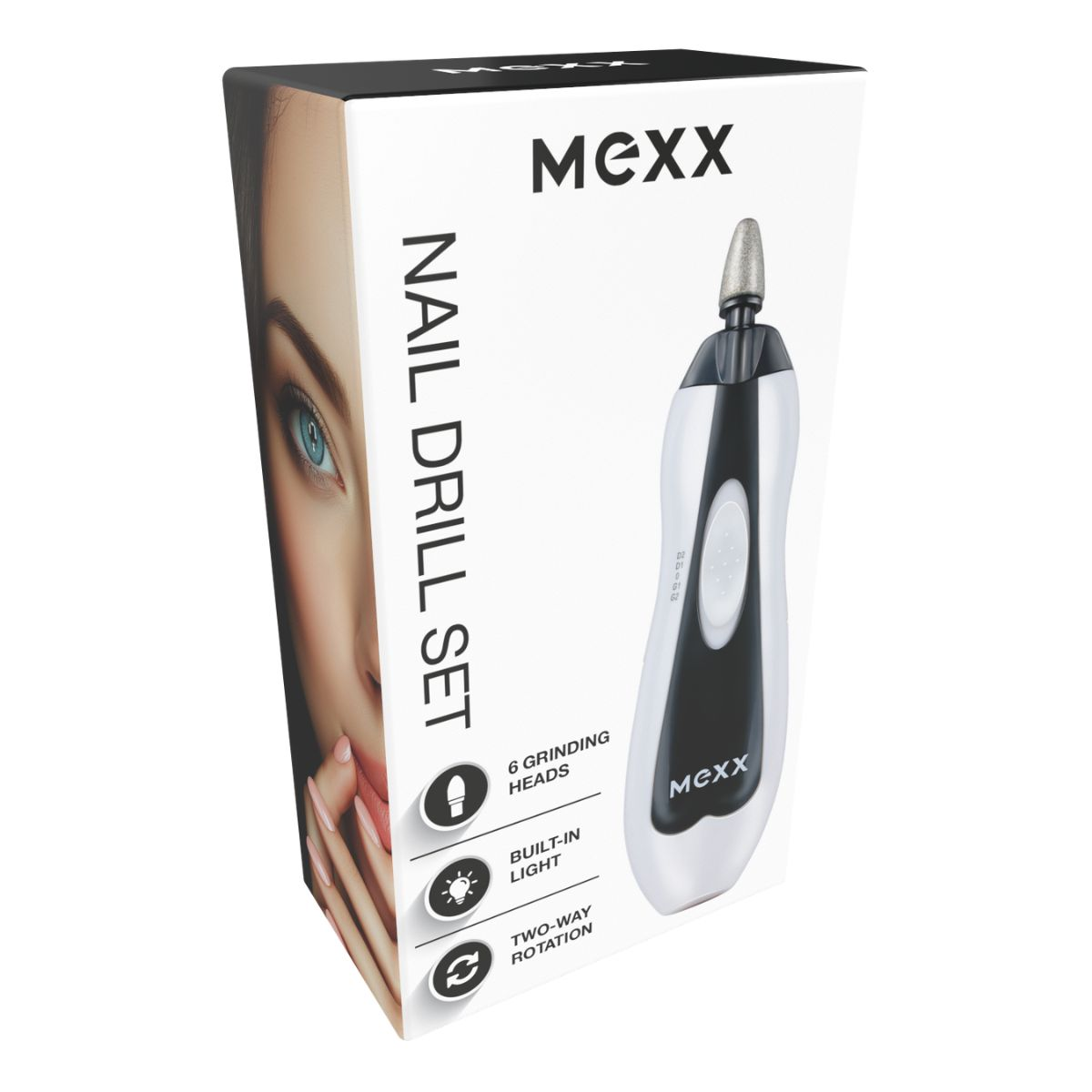 Packaging box for Mexx nail drill set, showing the device and a woman's face.