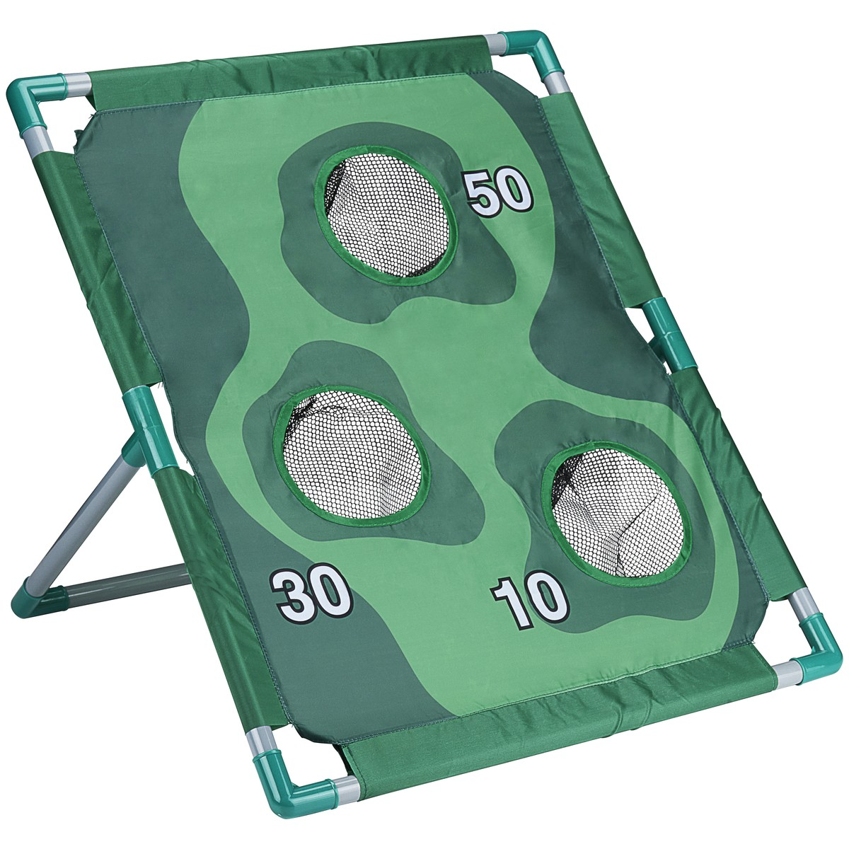 Green golf chipping target net with three holes and scores 10, 30, and 50 on a metal frame.