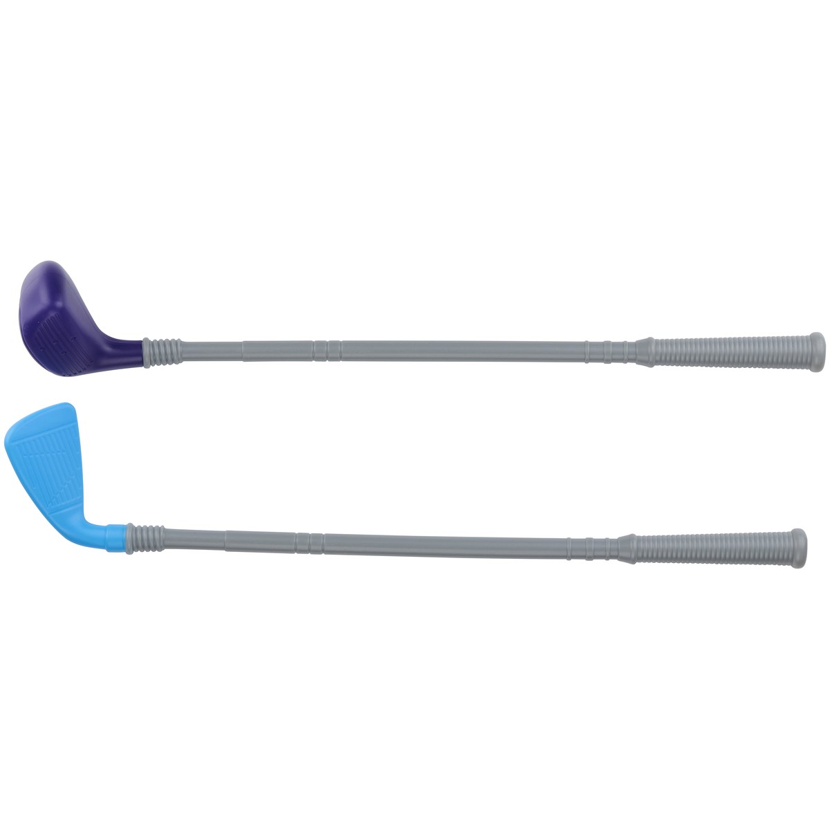 Two toy golf clubs with grey shafts, one with a purple head and the other with a light blue head, on a white background.