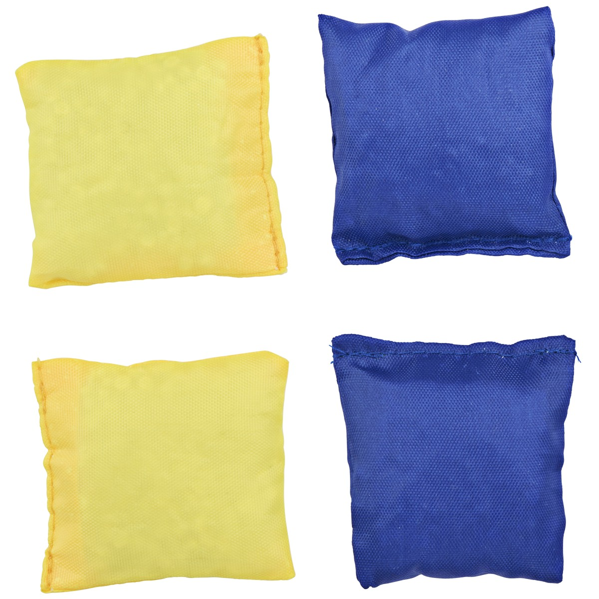 Four square fabric bags, two yellow and two blue, isolated on a white background.