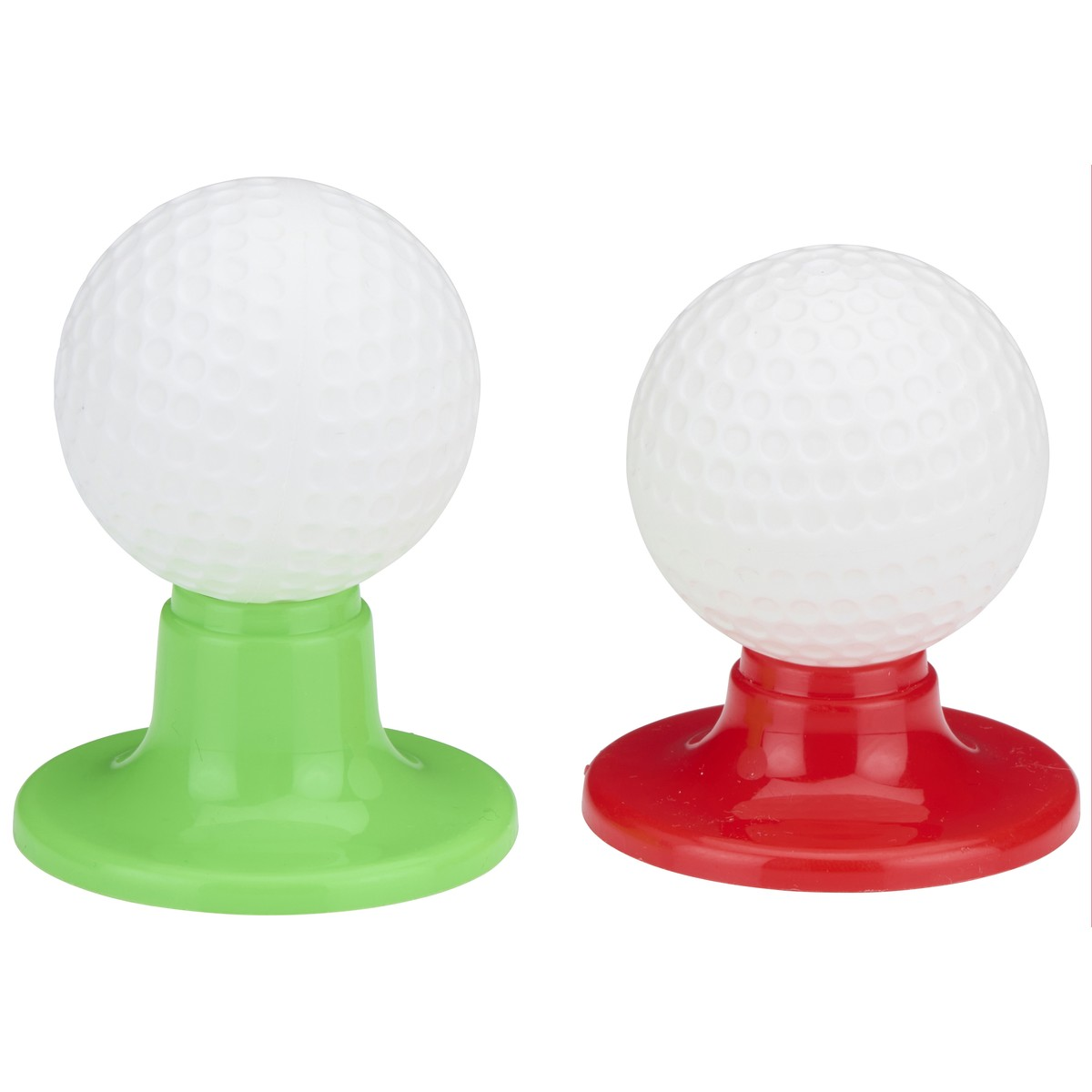 Two white golf balls on colorful stands, one on a green holder and one on a red holder, against a white background.