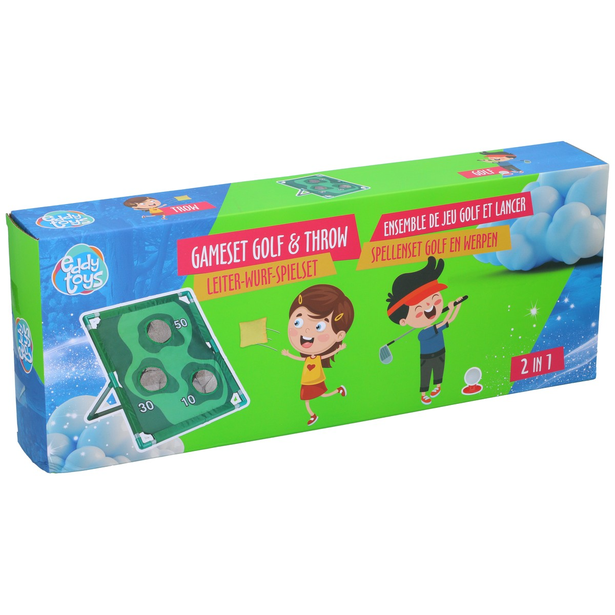 Colorful packaging for a kids golf and throw gameset featuring cartoon characters.