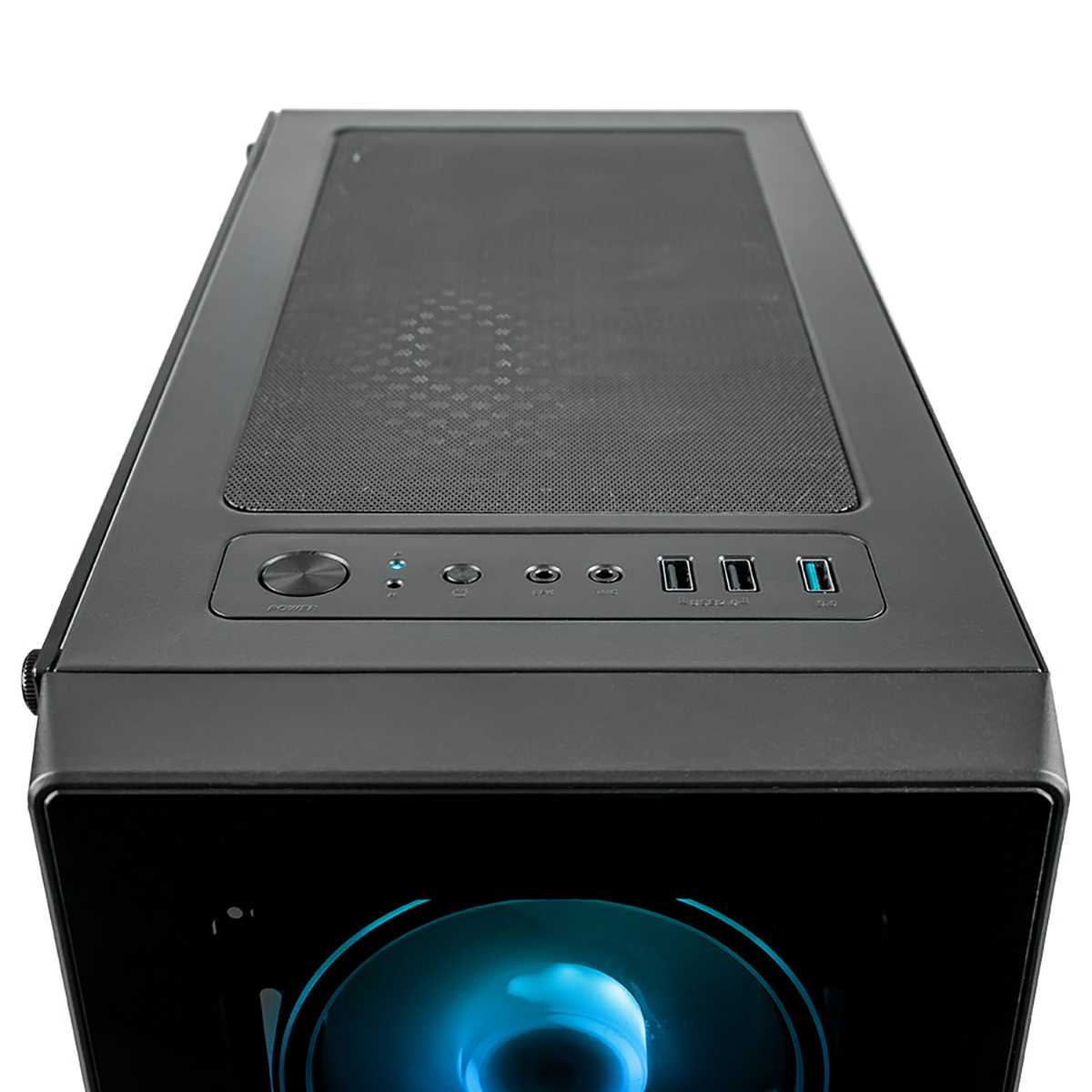 Schwarzes PC-Gehäuse von oben mit Anschlüssen, Power-Knopf und einem blau leuchtenden Frontlüfter.