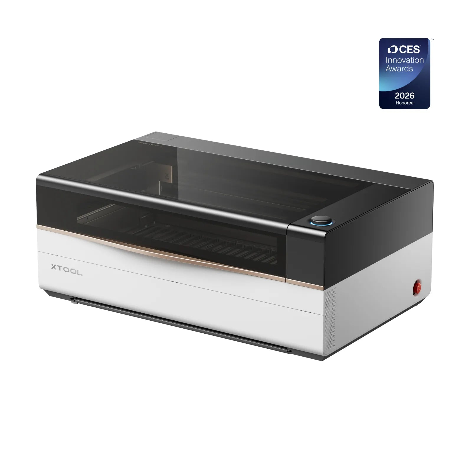Un tagliatore laser xTool bianco e nero con coperchio trasparente e un badge CES Innovation Awards 2026.